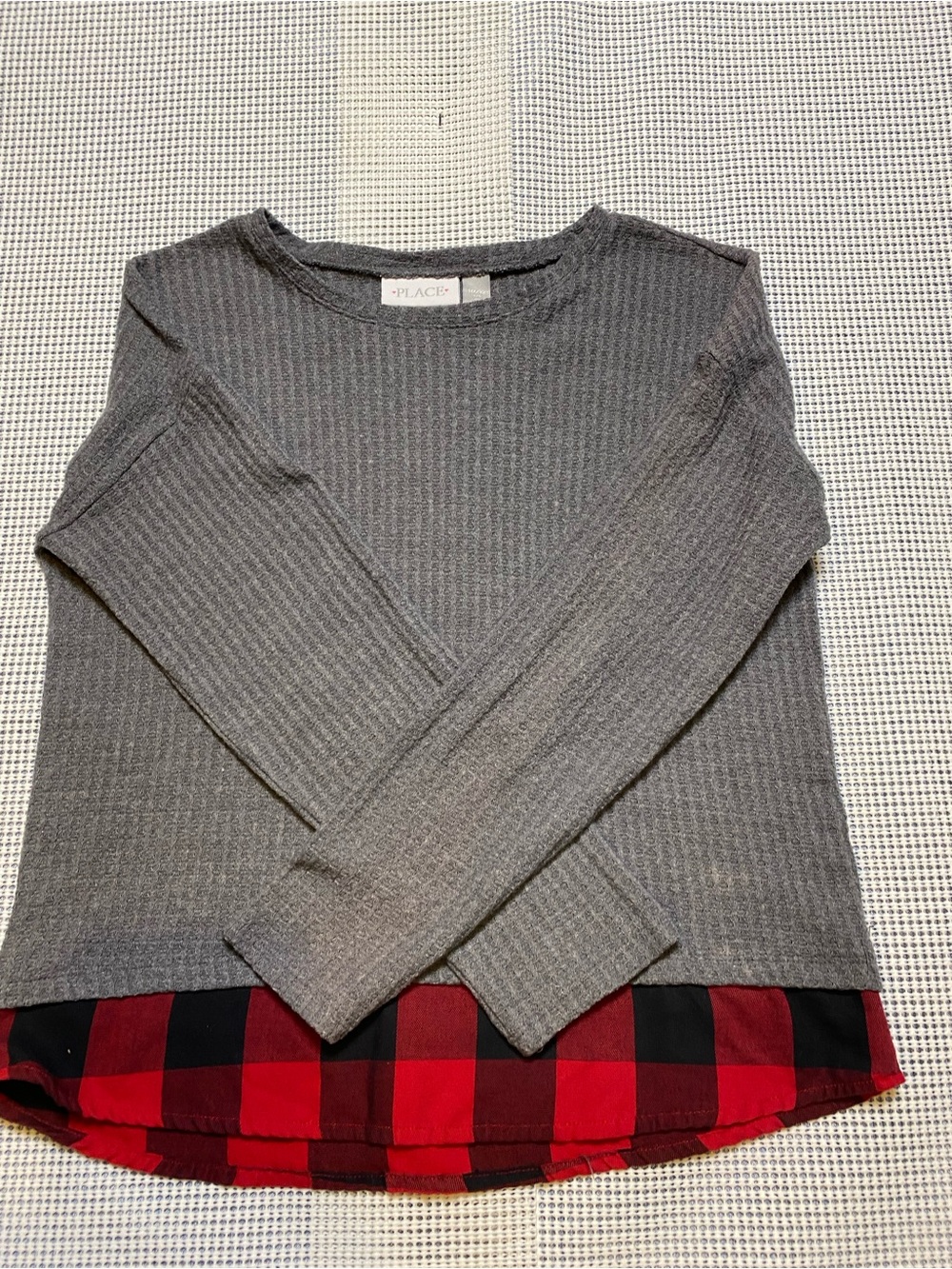 Place Gray Ribbed Long-Sleeve Top with Red Plaid Hem Sz-10-12 kids